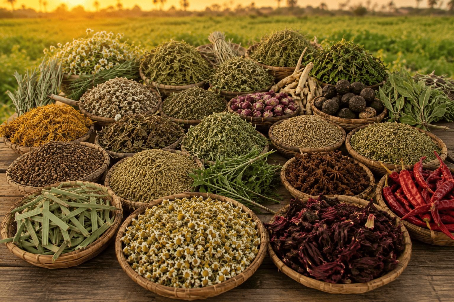 Baskets of freshly dried Egyptian herbs and spices