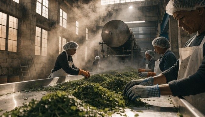 Team sorting freshly harvested botanicals on the processing line