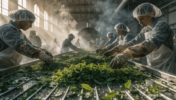 Workers hand-sorting leaf material before drying
